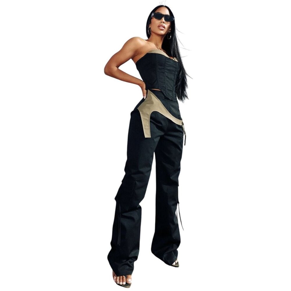 NWT Pretty Little Thing 8 Black & Olive Cargo Pants With Pocket Detail